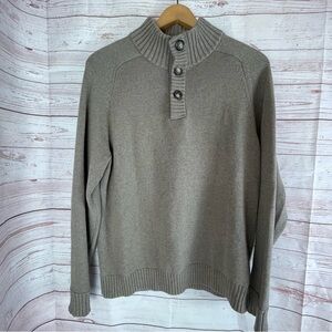J. Crew Mens Sz L 100% Cotton Beige Mock Neck Henley Pullover Sweater Preppy